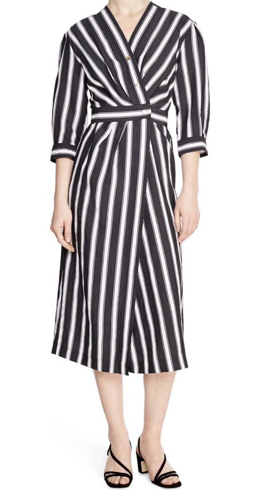 Sandro Carl Striped Midi Wrap Dress In Black White Size 38EU