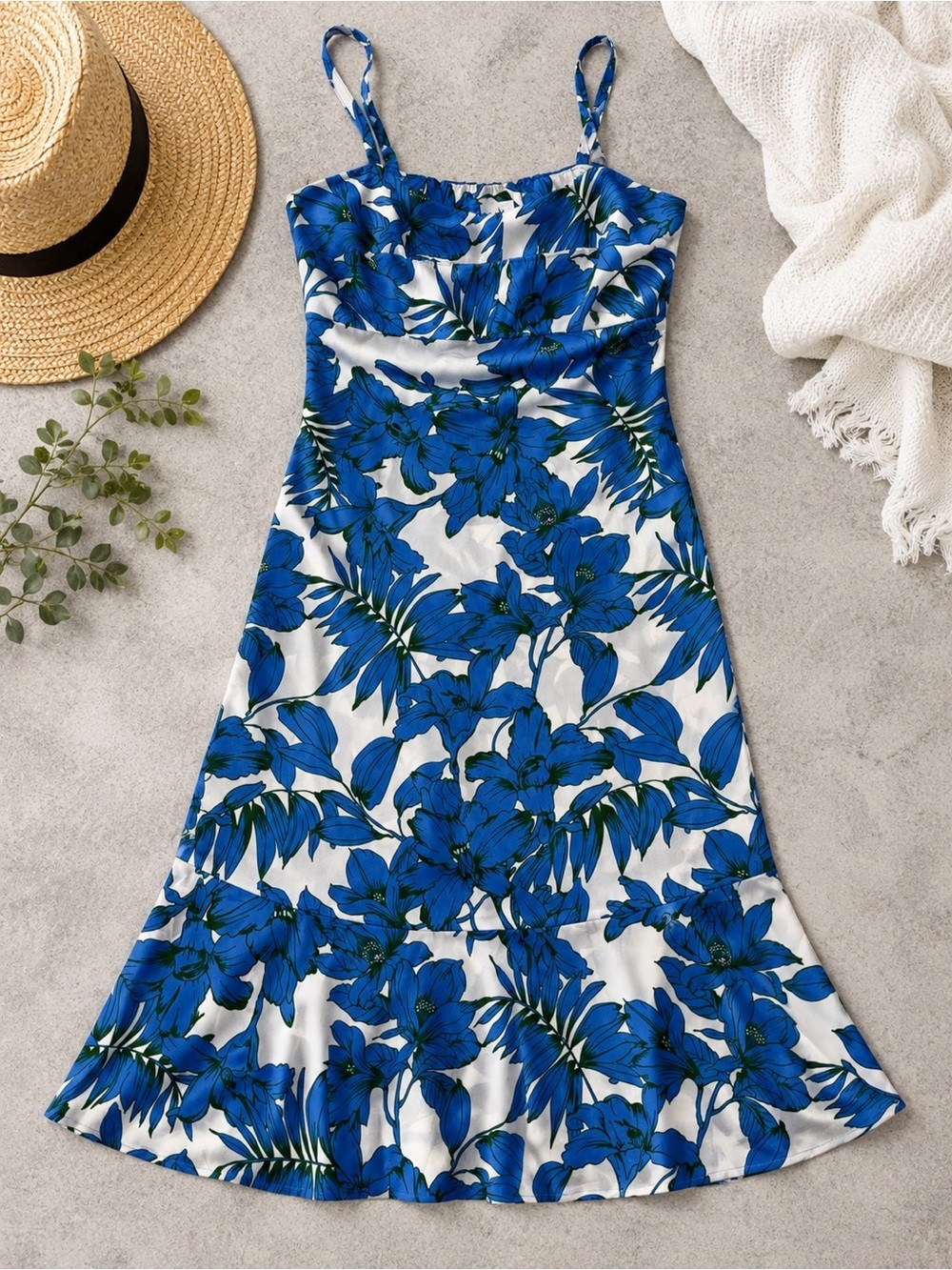 Cabi Blue & White Floral Midi Dress XS Sleeveless Spaghetti Strap