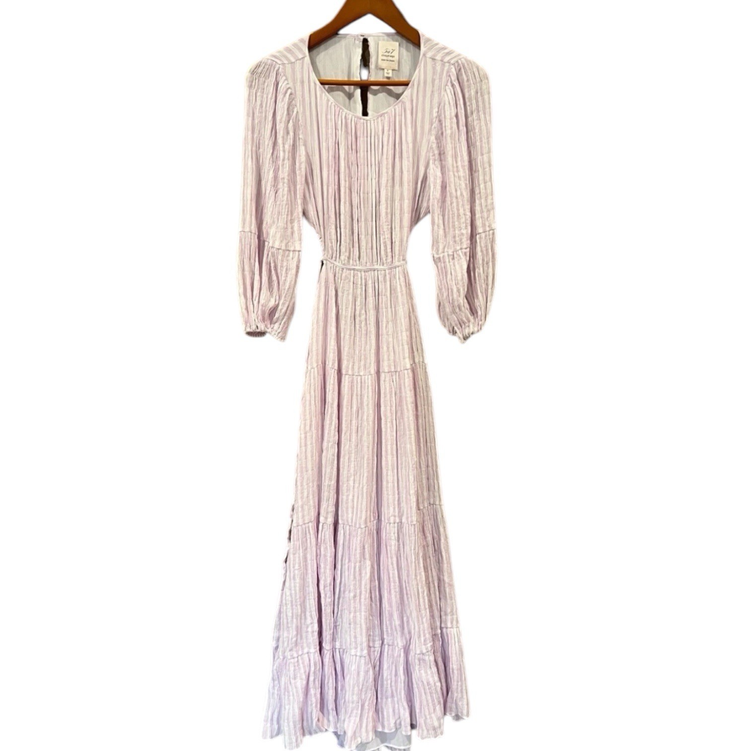 Cinq à Sept Seersucker Midi Dress Size 6 Lavender Ivory Smocked Elastic Waist