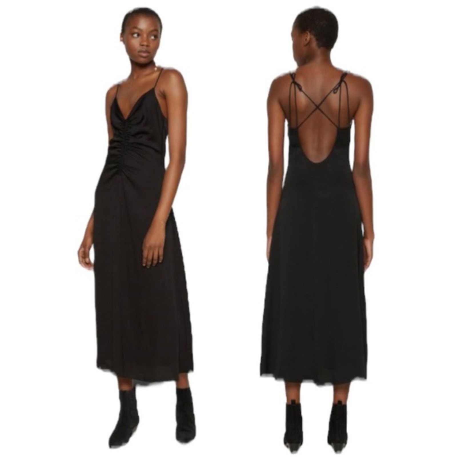 Jason Wu Black Ruched Satin Midi Slip Dress Large Ruched Front Cocktail