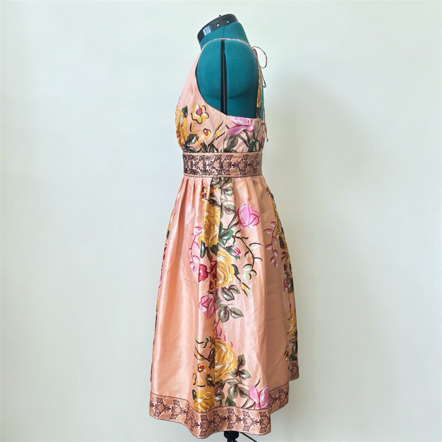Forever Twenty One Peach Floral Satin Fit & Flare V-Neck Beaded Dress L
