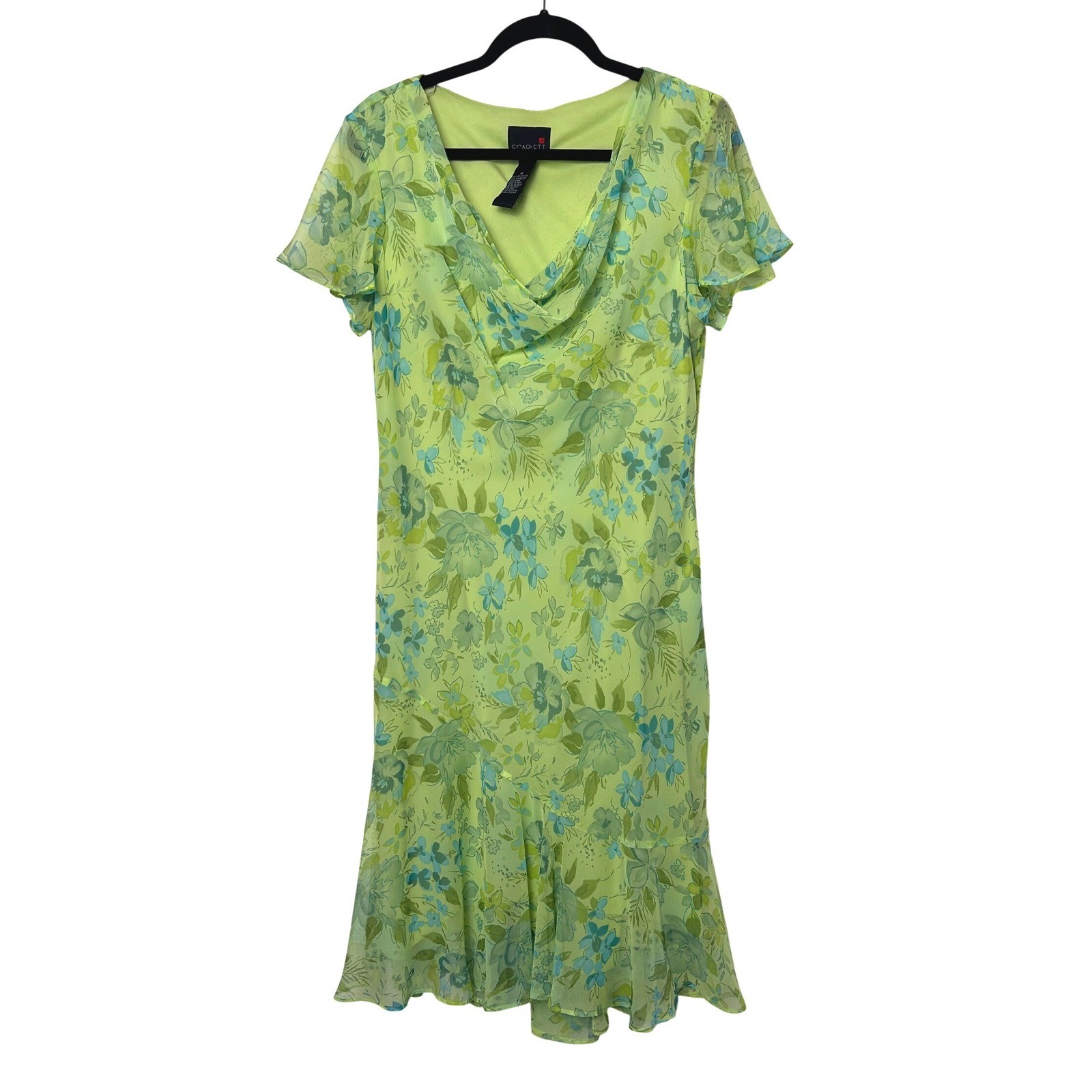 90s Scarlett Dress 16 Green Floral CowlNeck Midi Y2K etherial garden party fairy