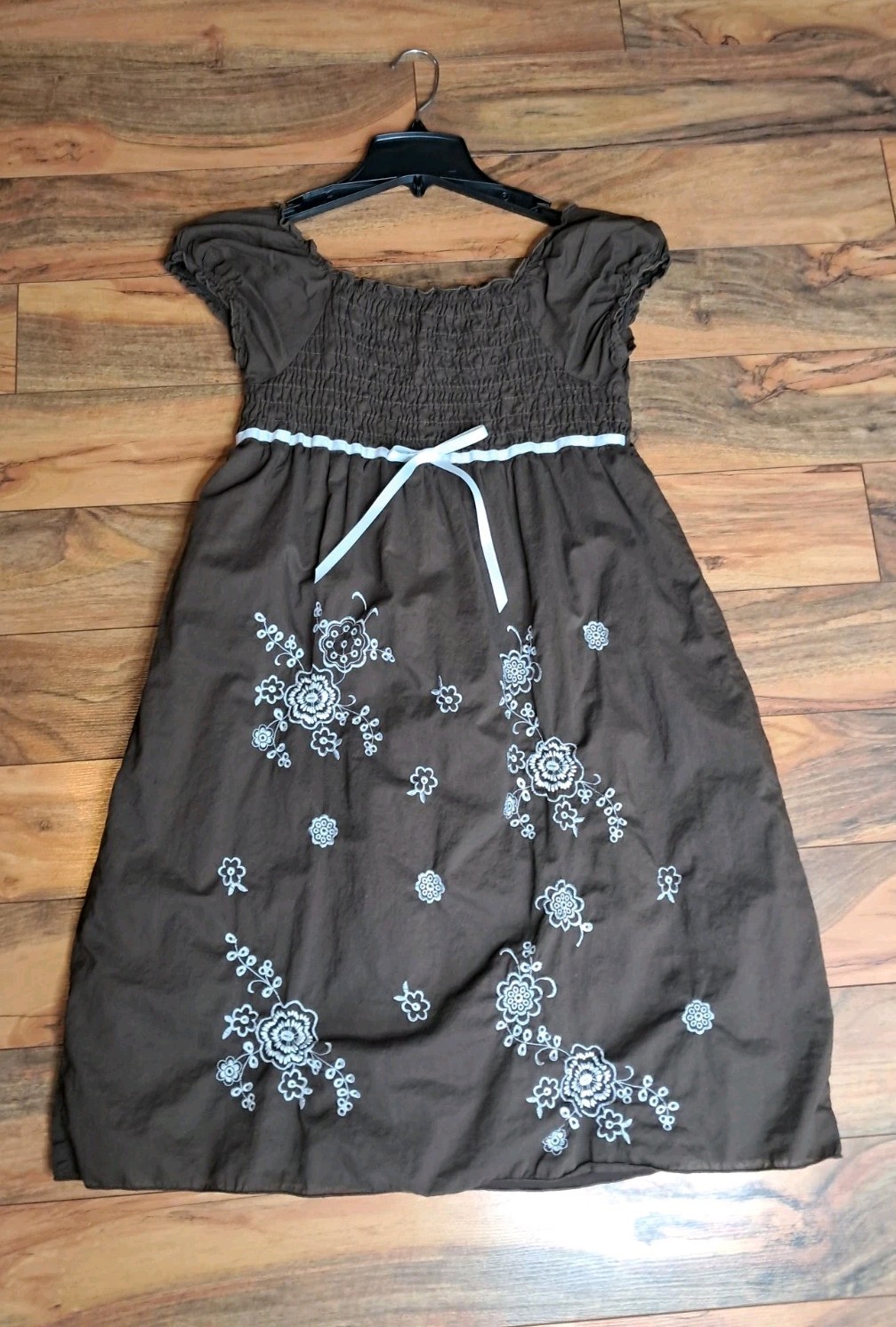 Vintage Speechless Smocked Milkmaid Mini Dress Brown Floral Embroidered Y2K 90s