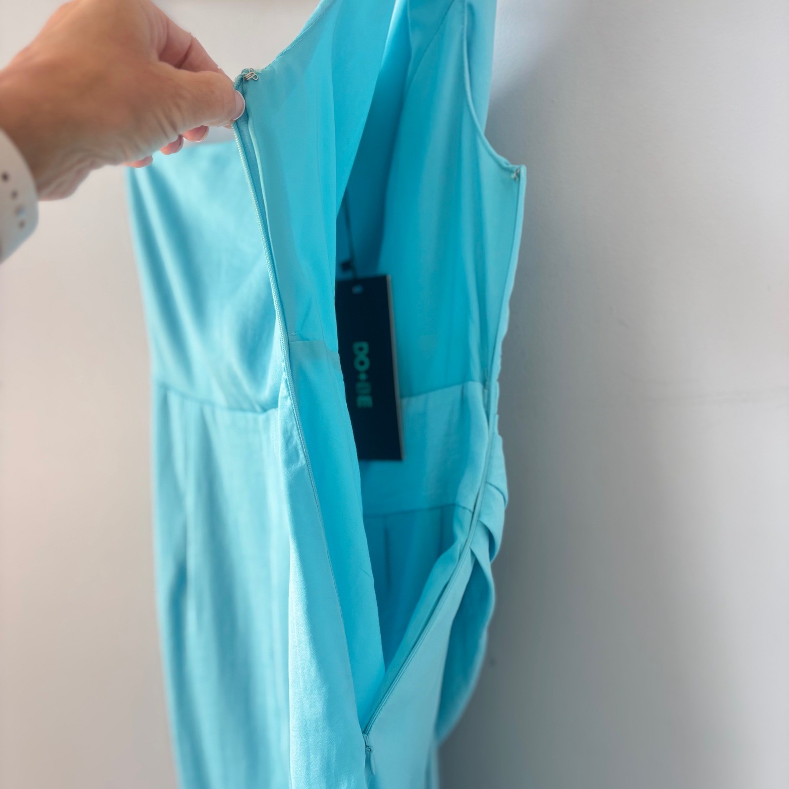 DO+BE Turquoise Blue One Shoulder Draped Ruched Tulip Midi Dress Sz Small NWT