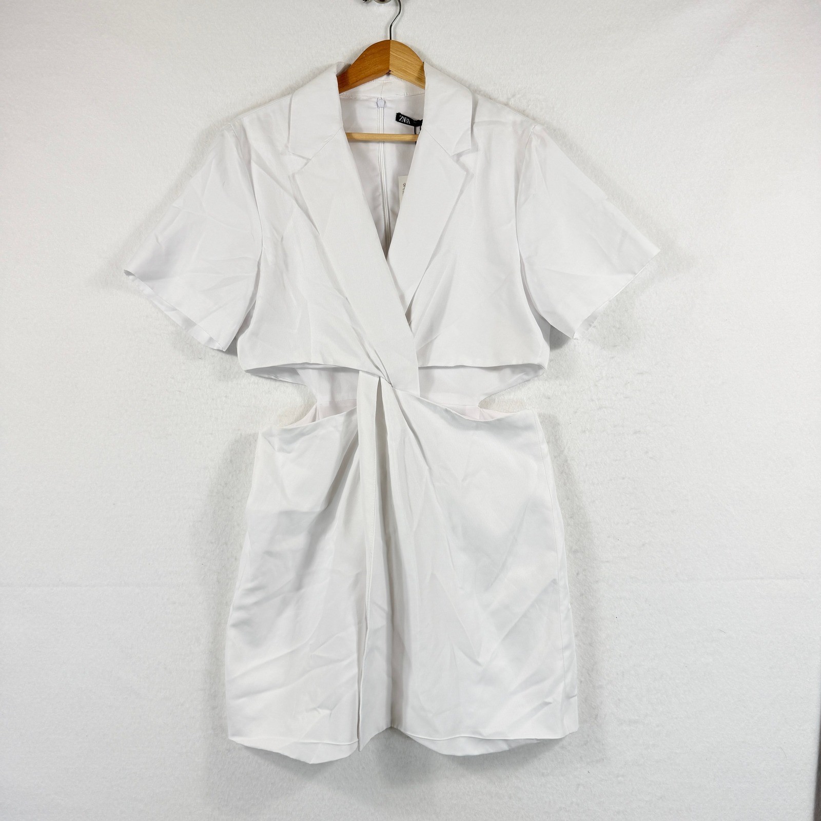 Zara Blazer Mini Dress Women Large White Cut Out Short Sleeve Modern Chic NEW