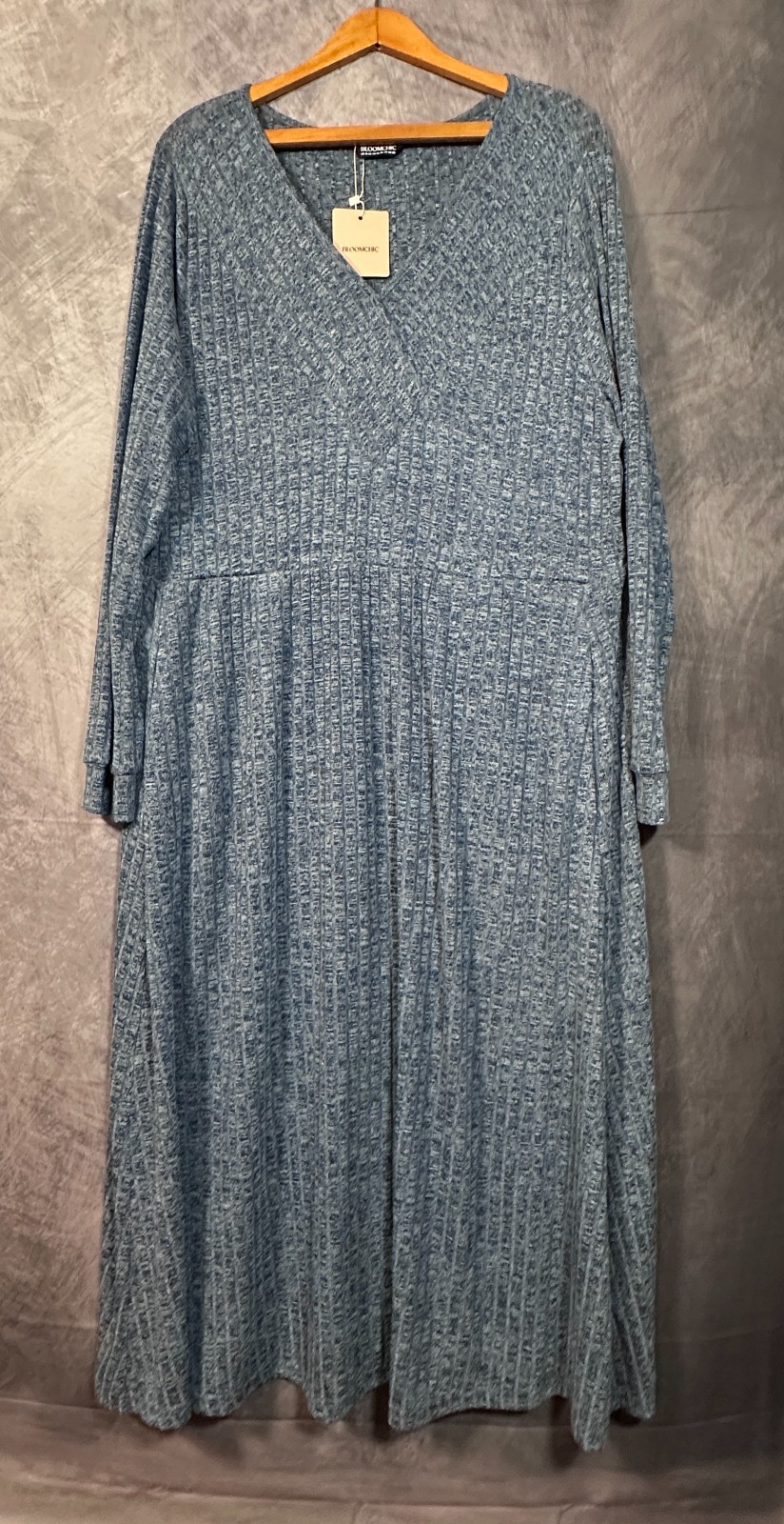 Bloom Chic Sweater Dress Womens 18-20 Blue Ribbed Knit Stretch V Neck Pullover