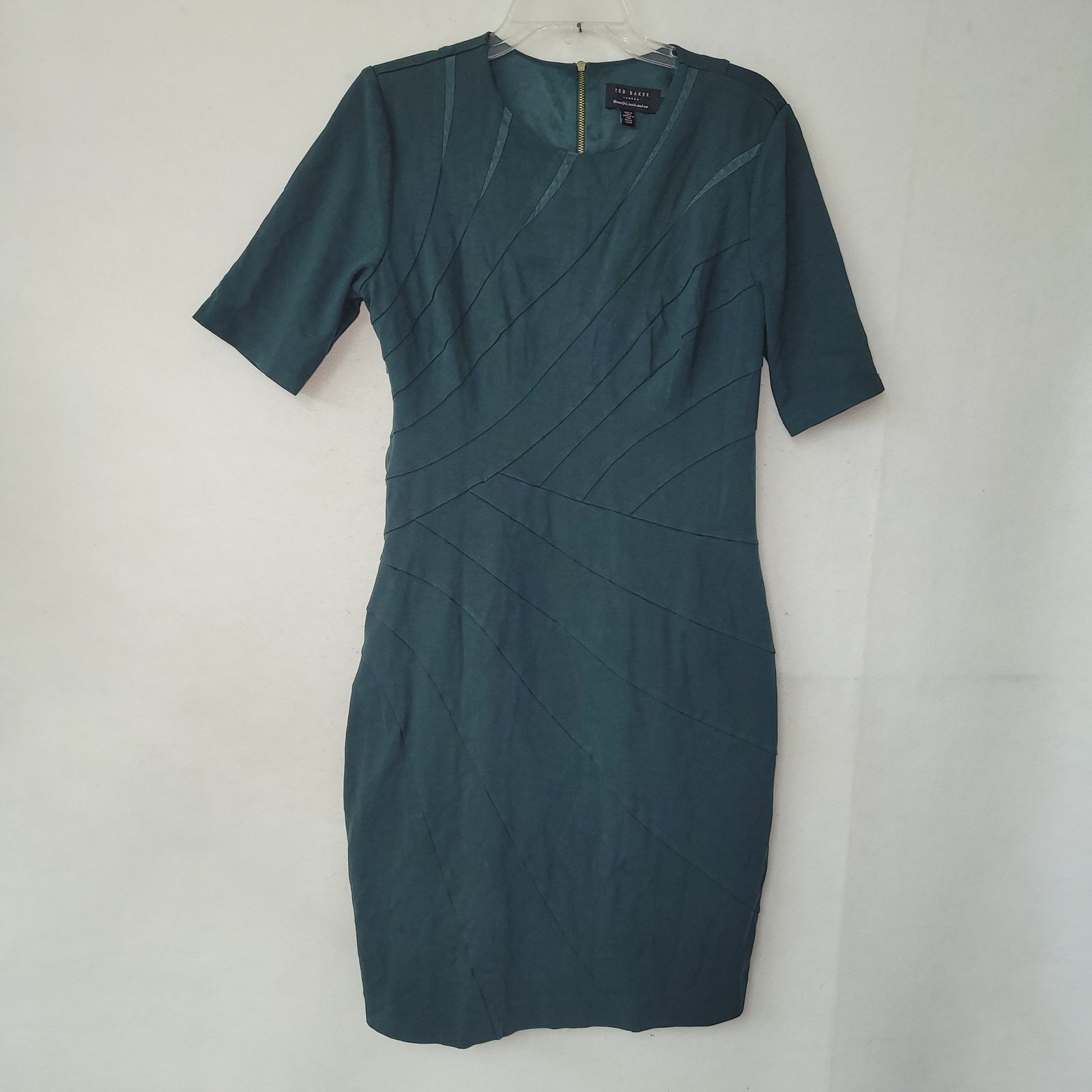 Ted Baker London Teal Green Sheath Dress Short Sleeve Zipper Detail Size 4