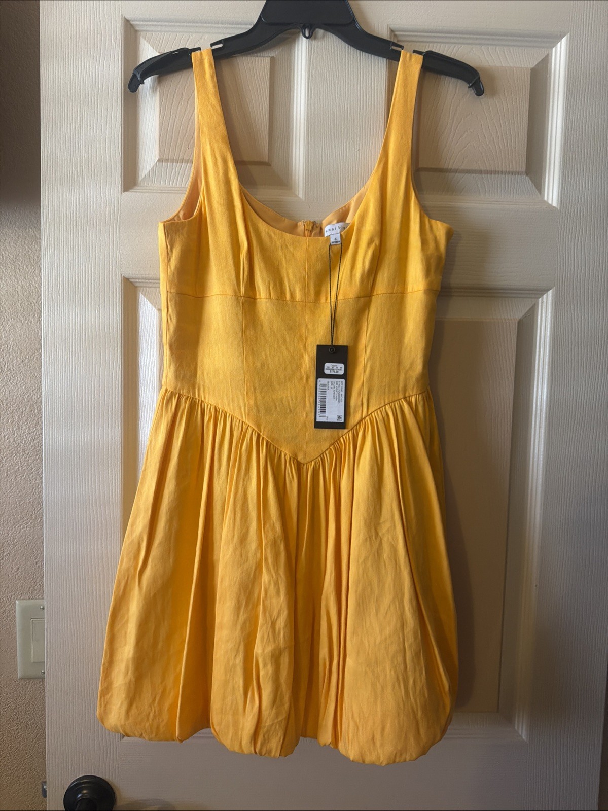 By Gianni Bini Mustard Color Short Sleeve Linen Dress With Bubble Hem