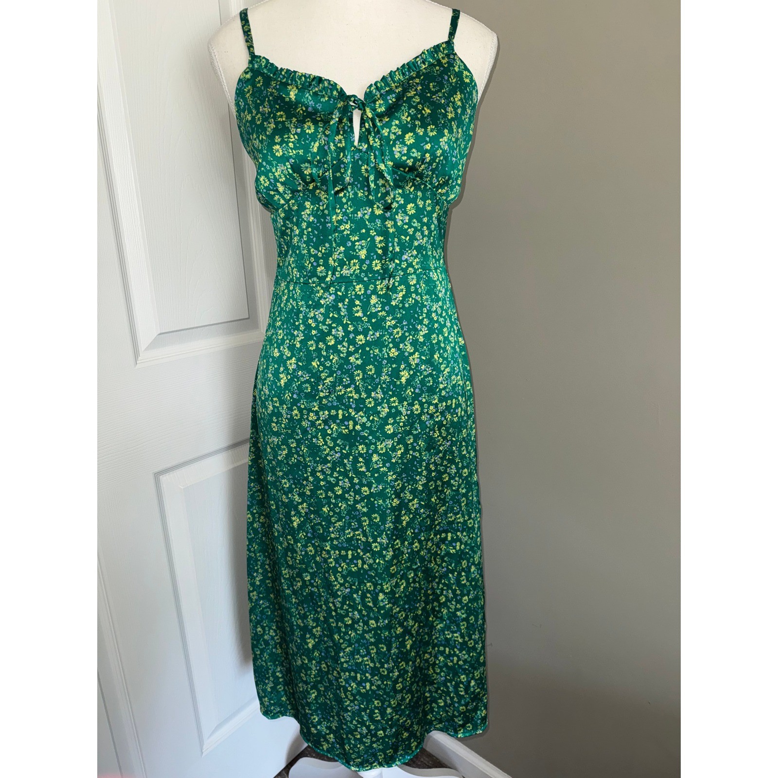 The Drop Green Floral Satin Midi Dress Small Smocked Back Adjustable Straps