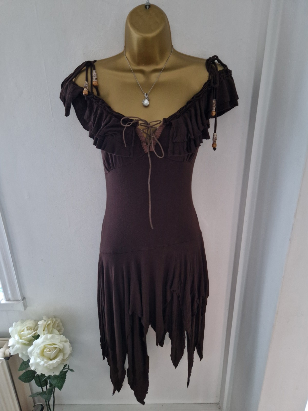 🤎 Rare Stunning Jane Norman Brown Milkmaid Fairy Boho Dress 10/12 🤎