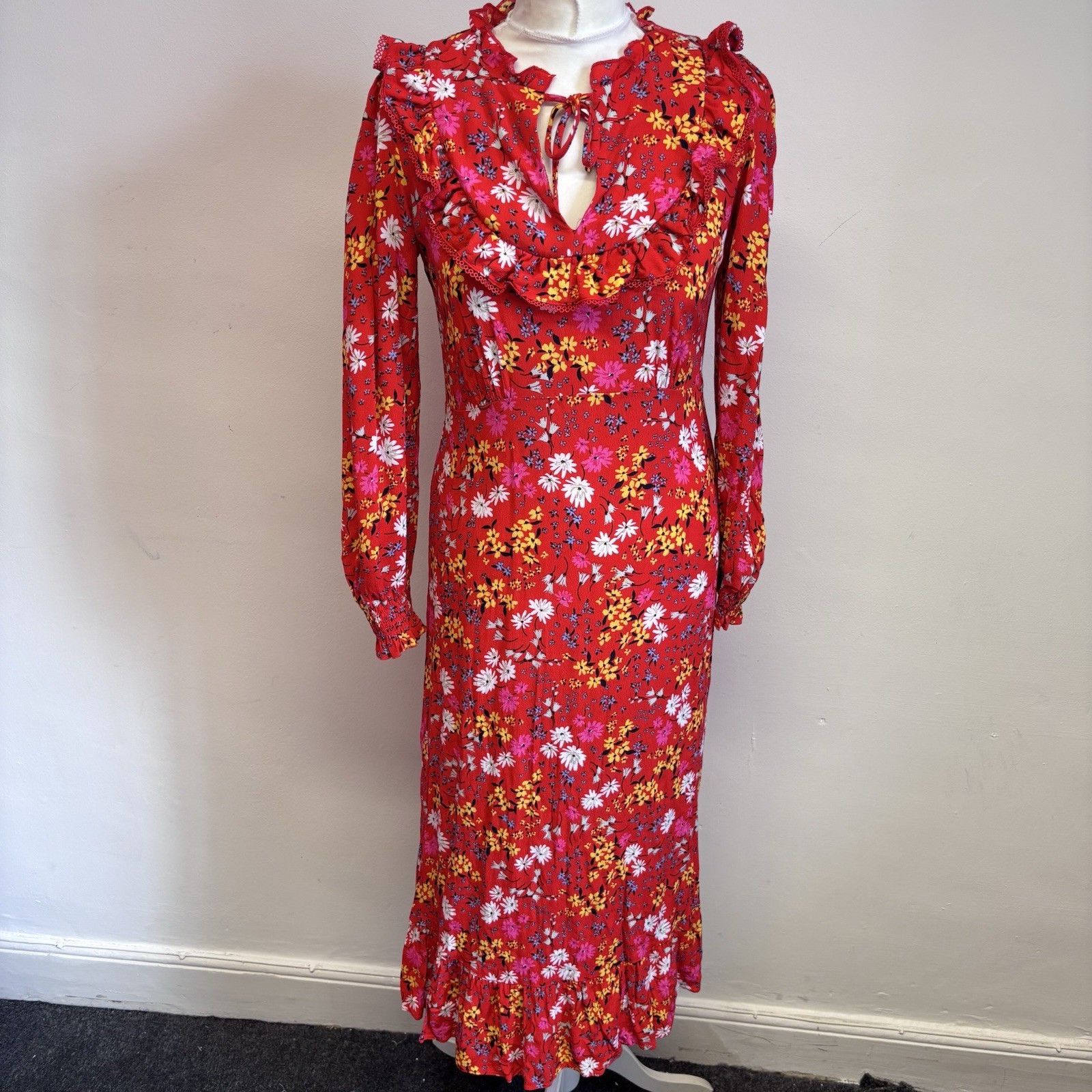 Oliver Bonas Midi Dress Size 8 Red Floral Pattern Ruffle Summer