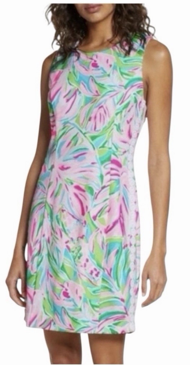Lilly Pulitzer Mila Knit Shift Dress Pink Sz 8 Tropical Print Resort Preppy *X3