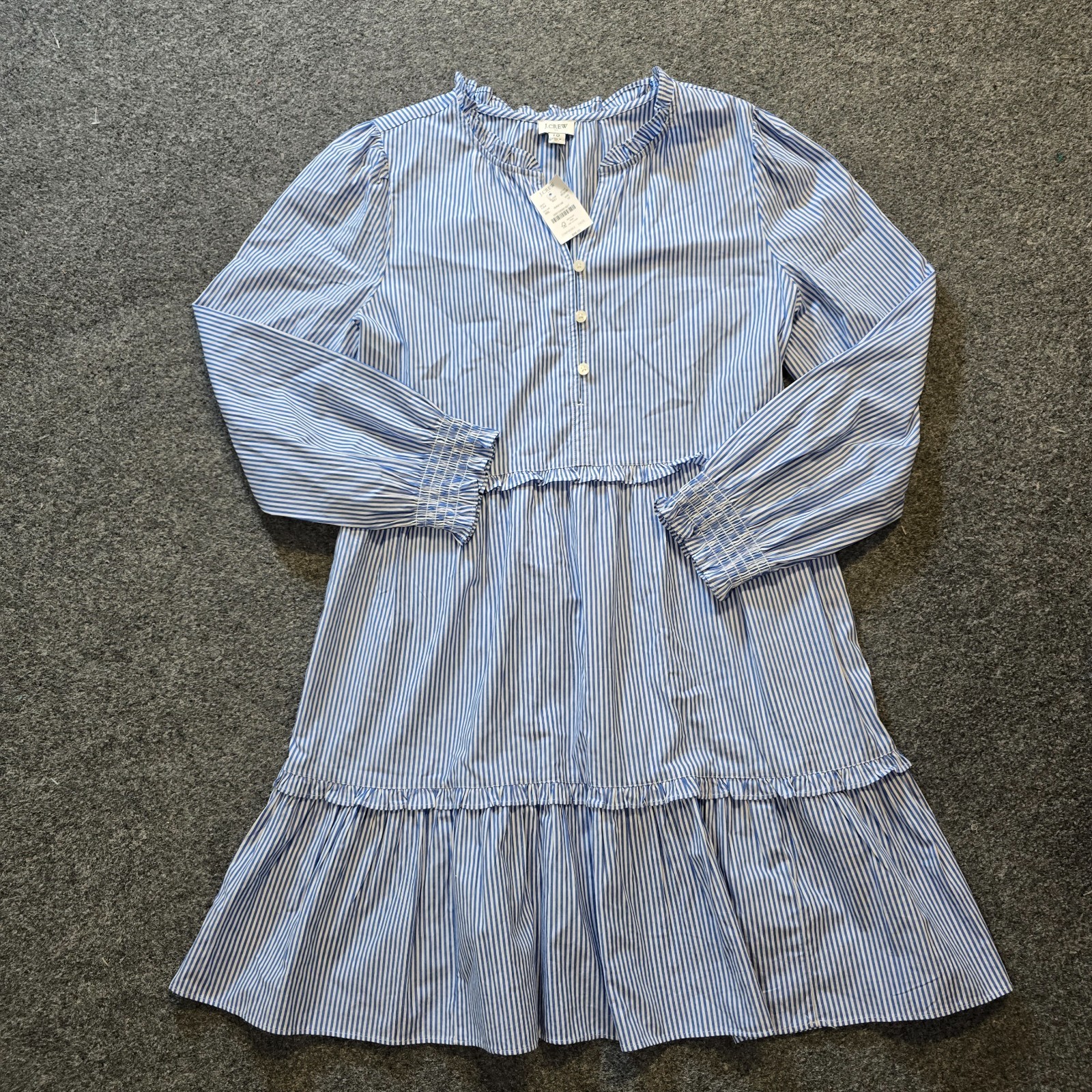 J Crew Dress Size 10 White Blue Striped A Line Long Sleeve Tiered Preppy Classic