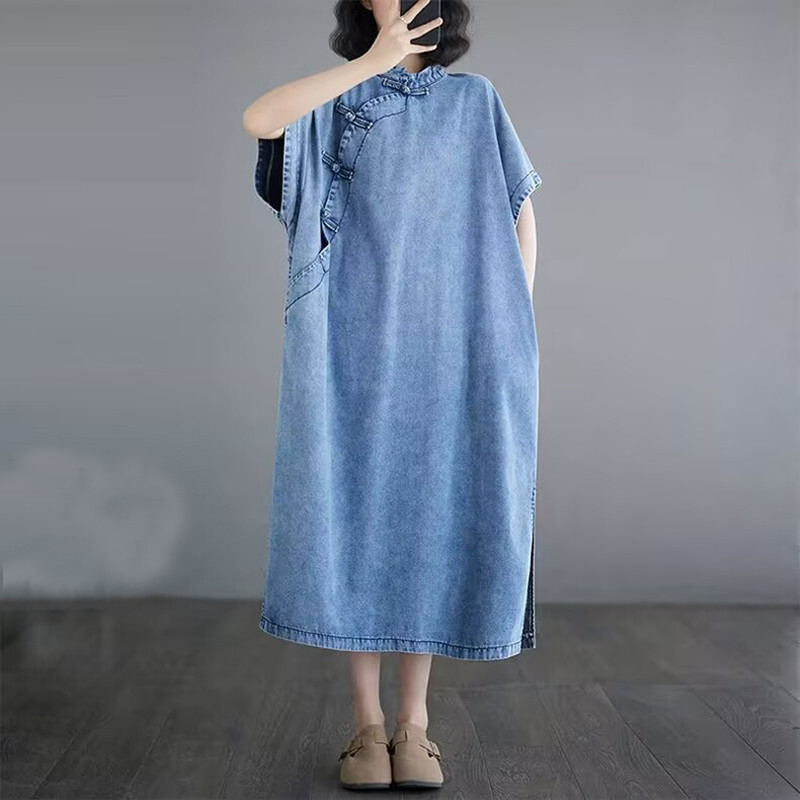Chinese Style Womens Denim Qipao Dress Cheongsam Loose Button Casual Dress Retro