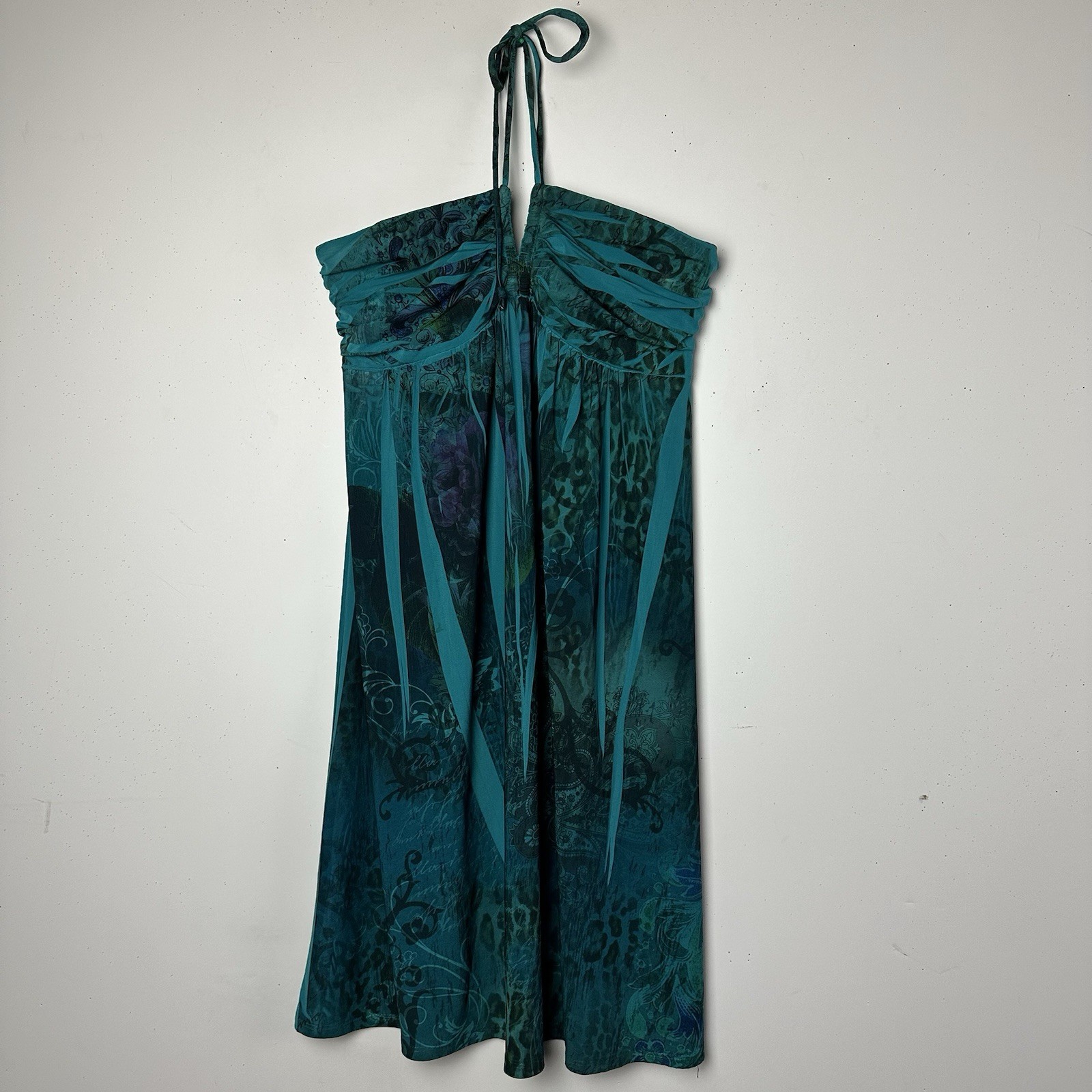 Vtg City Triangles Halter Dress Green Abstract Y2K 90s Whimsigoth Forest Fairy M