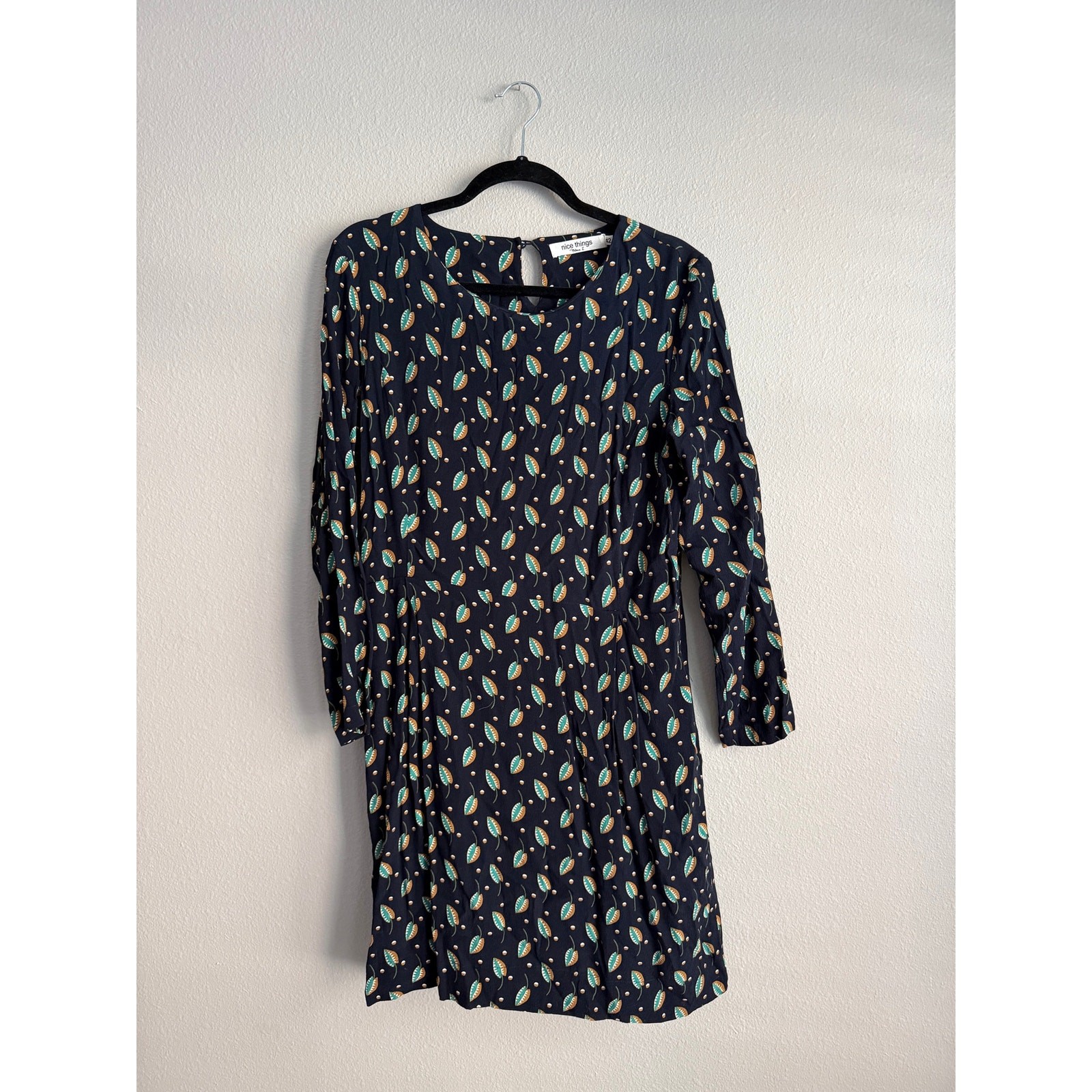Nice Things Paloma S Sz 10 Tunic Mini Dress Navy Leaf Print Long Sleeve Sz 42