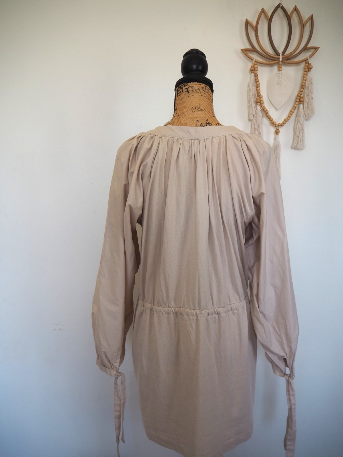 Zara Long Sleeve Button Front Beige Knee Length Drawstring Tie Waist Dress Sz M