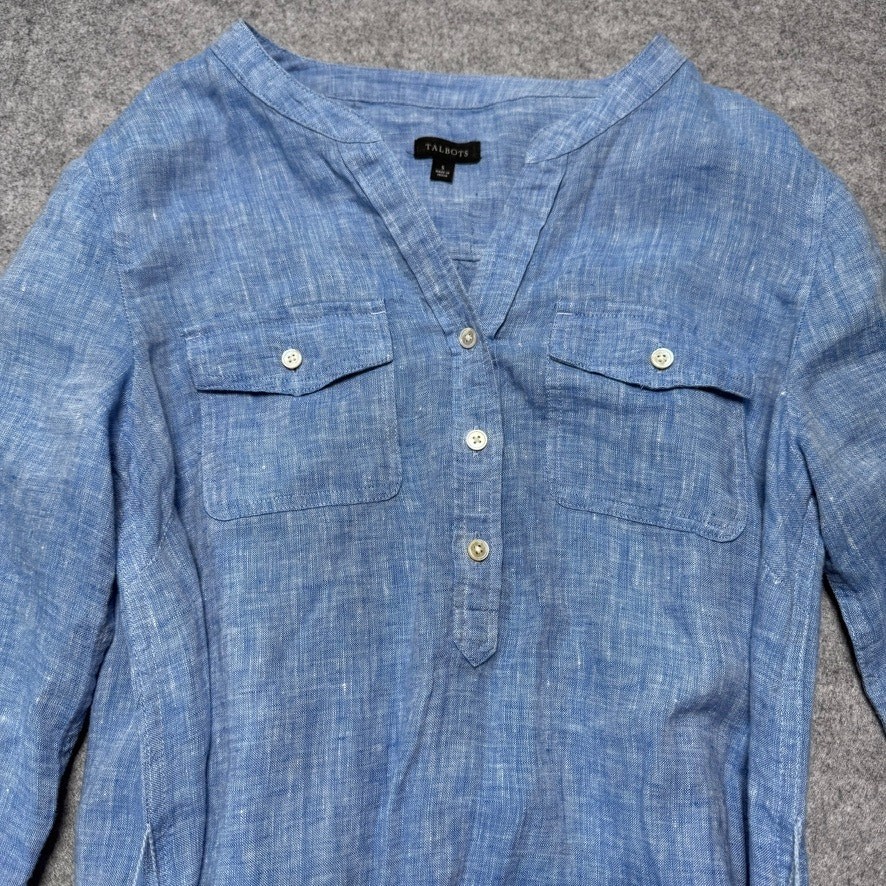 Talbots Blue 100% Linen Belted Shirtdress Small Roll Tab Sleeve Coastal