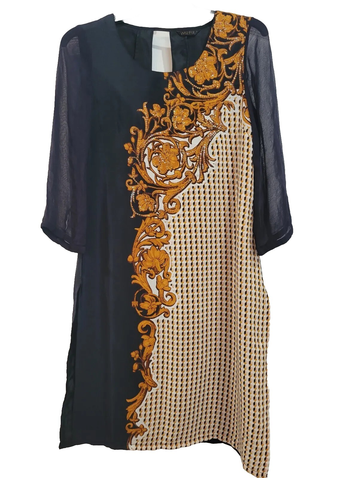 Wishful Kurta Dress Womens Size S/M Tunic Black Beige 3/4 Sheer Sleeve Sequined