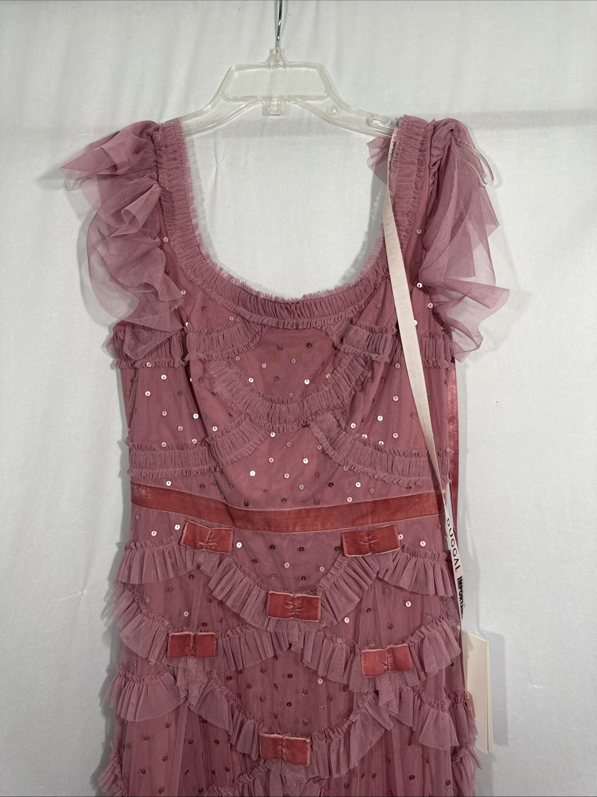 NWT Mac Duggal [ 4 ] 8272 Flutter Sleeve Lattice Bow Mesh Ruffle Mid Dress J2403