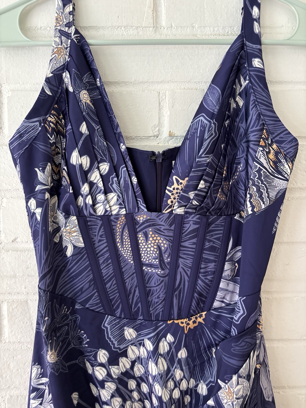 Averie Dani Draped Midi Dress Navy Blue Floral Fauna Print Corset Bustier Sz XS