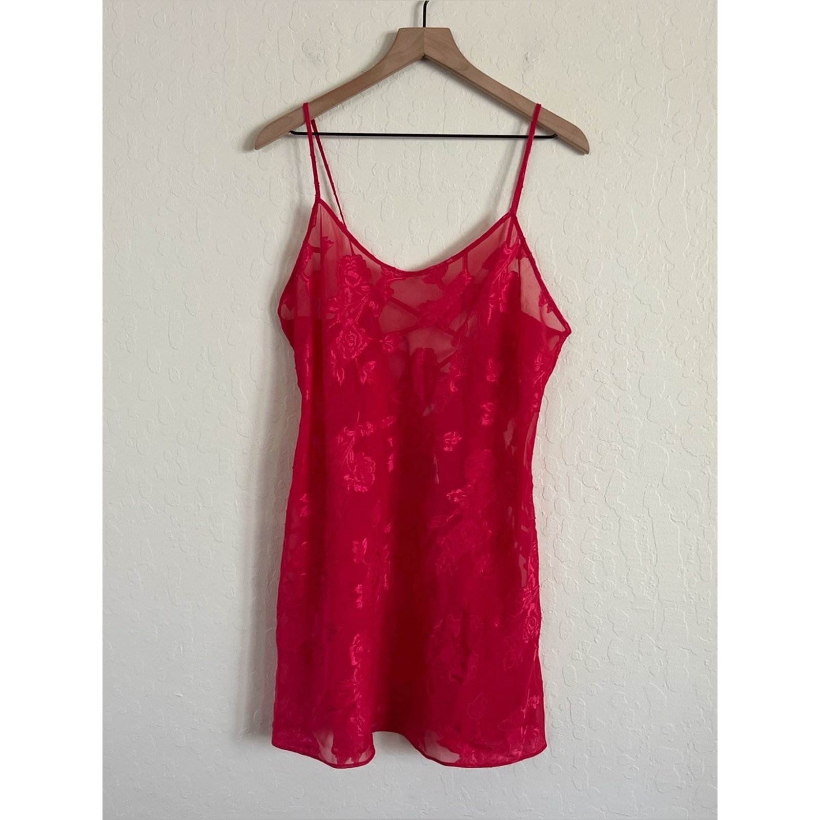 Vintage Y2K Secret Treasures Sheer Floral Mini Slip Dress Large Red Chemise 90s