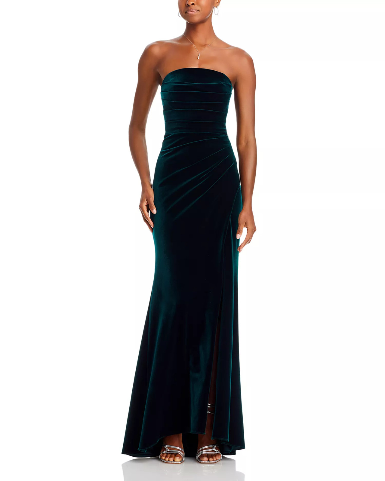 AQUA Strapless Velvet Gown 10 Hunter Green Ruched High Slit Draped Pleated NWT