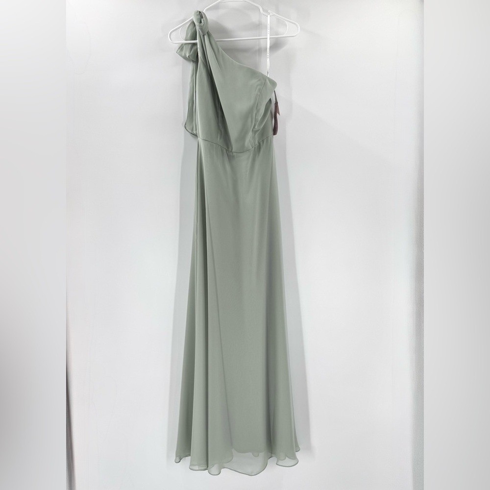 After Six by Dessy Draped 1-Shoulder Maxi Dress w/Scarf Bow, Willow Green Size 2