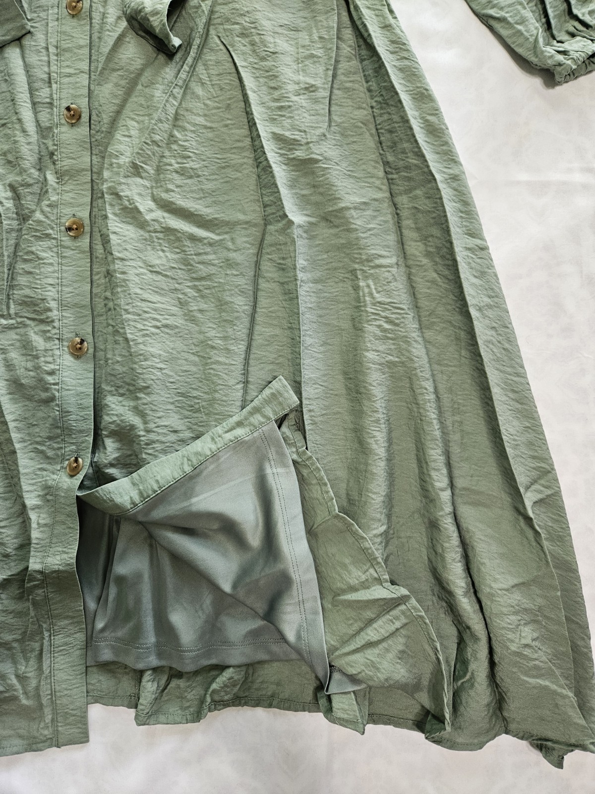 Nine West Womens M Sage Green Button Down Shirt Dress Midi Tie Waist Long Sleeve