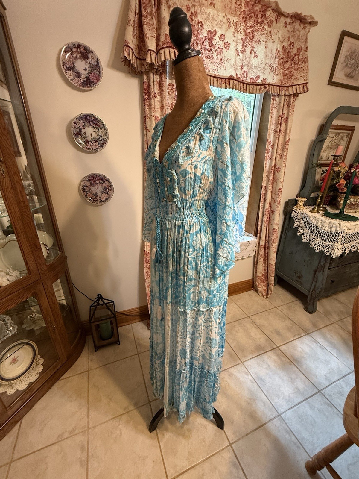 Blue White Boho Maxi Dress Size M Embroidered Lace Tassel Cottagecore Beach