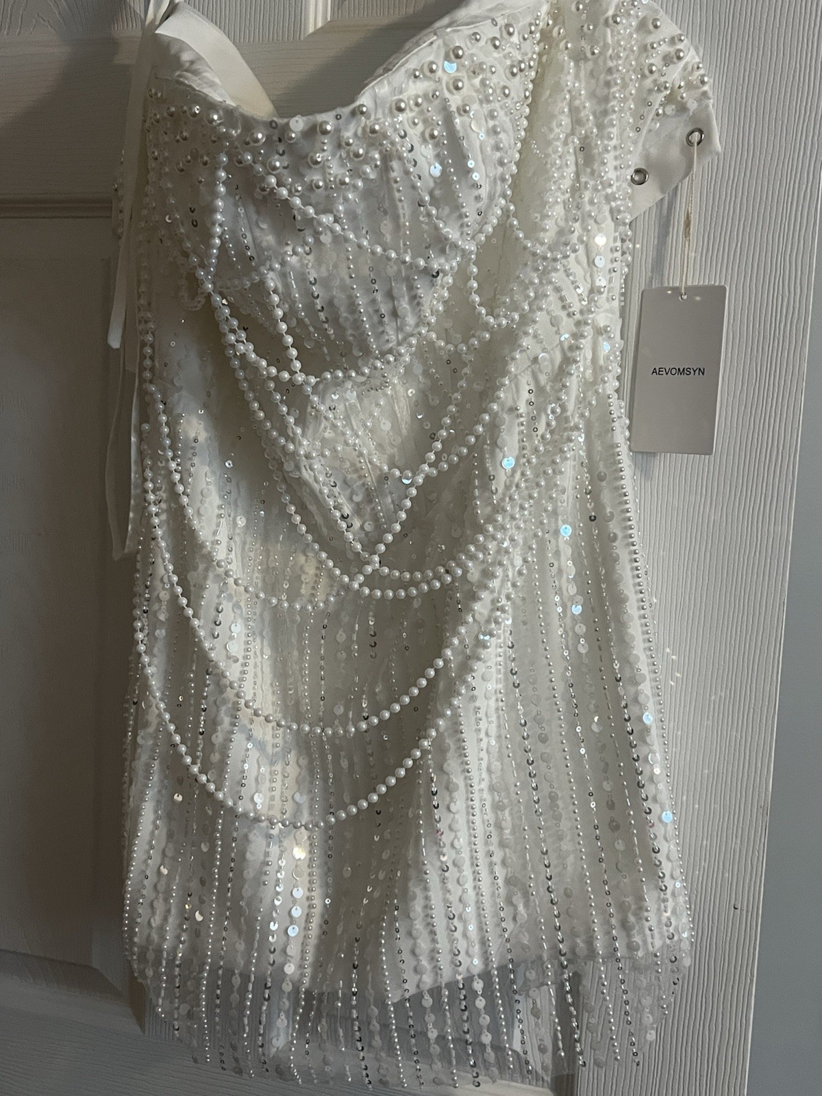 AEVOMYSYN White Mesh Beaded Sequin Mini Dress V-Neck Lace Up Lined S