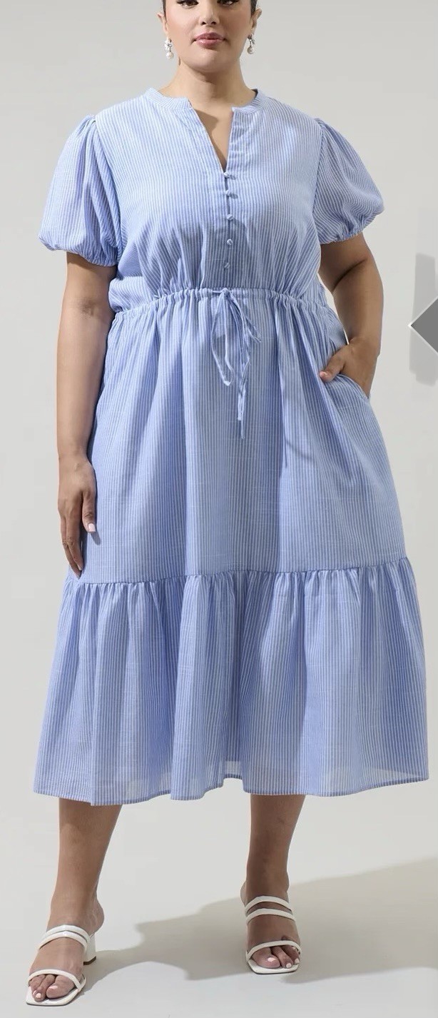 NWT Sugarlips Zephyr Stripe Prairie Tiered Dress Size 1X Blue White Ticking $89