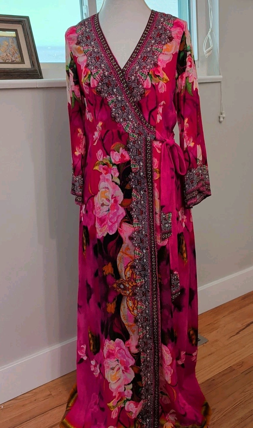SHAHIDA PARIDES Rhinestone Beaded Wrap Maxi Dress Silk Sz M/L Floral Print Pink
