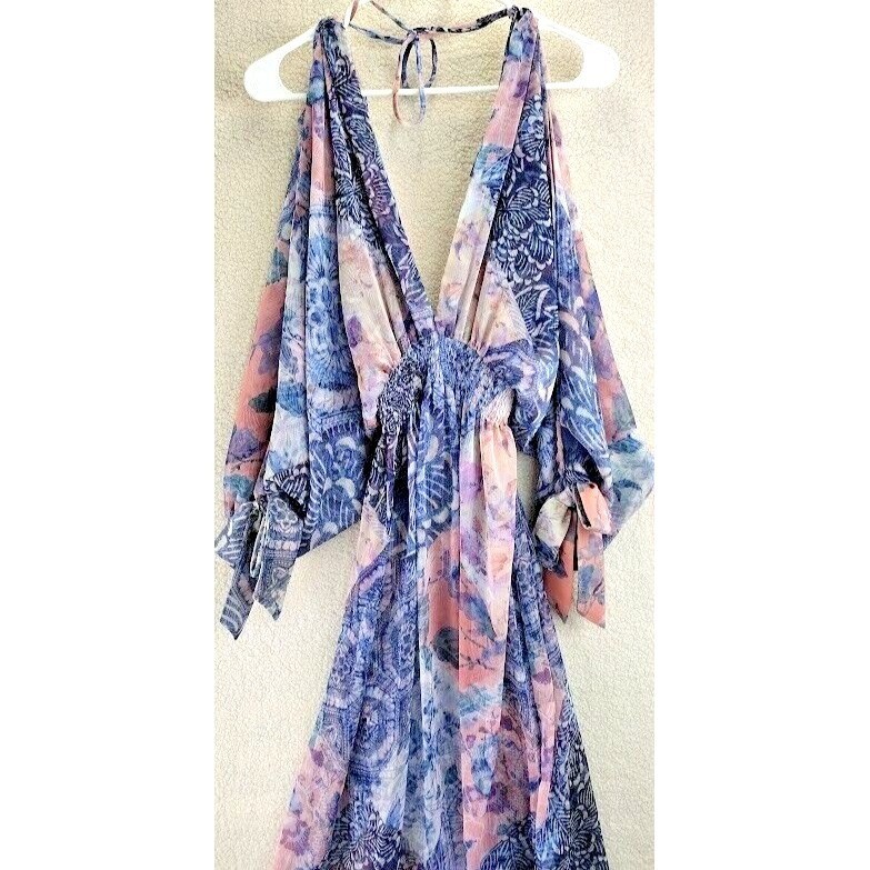 MISA Los Angeles Floral Tiered Midi Dress XS Bohemian Cold Shoulder Purple