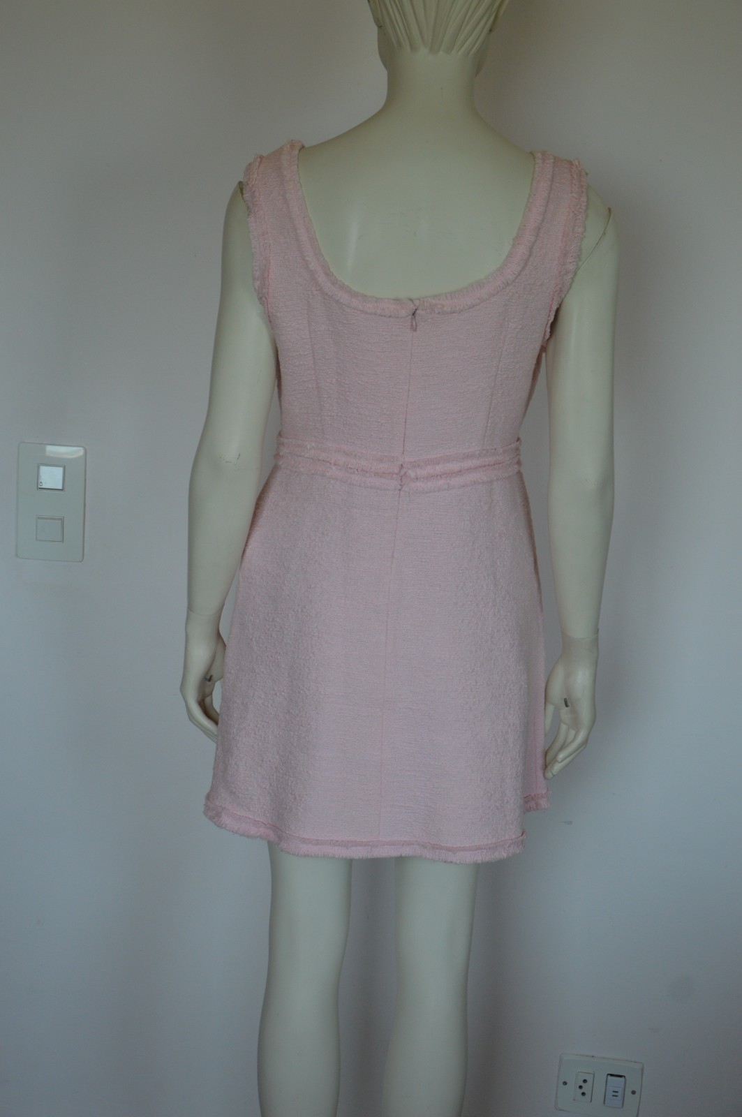ZARA Pink Fitted Frayed Trims Tweed Boucle Gem Stone Button Mini Dress LARGE L