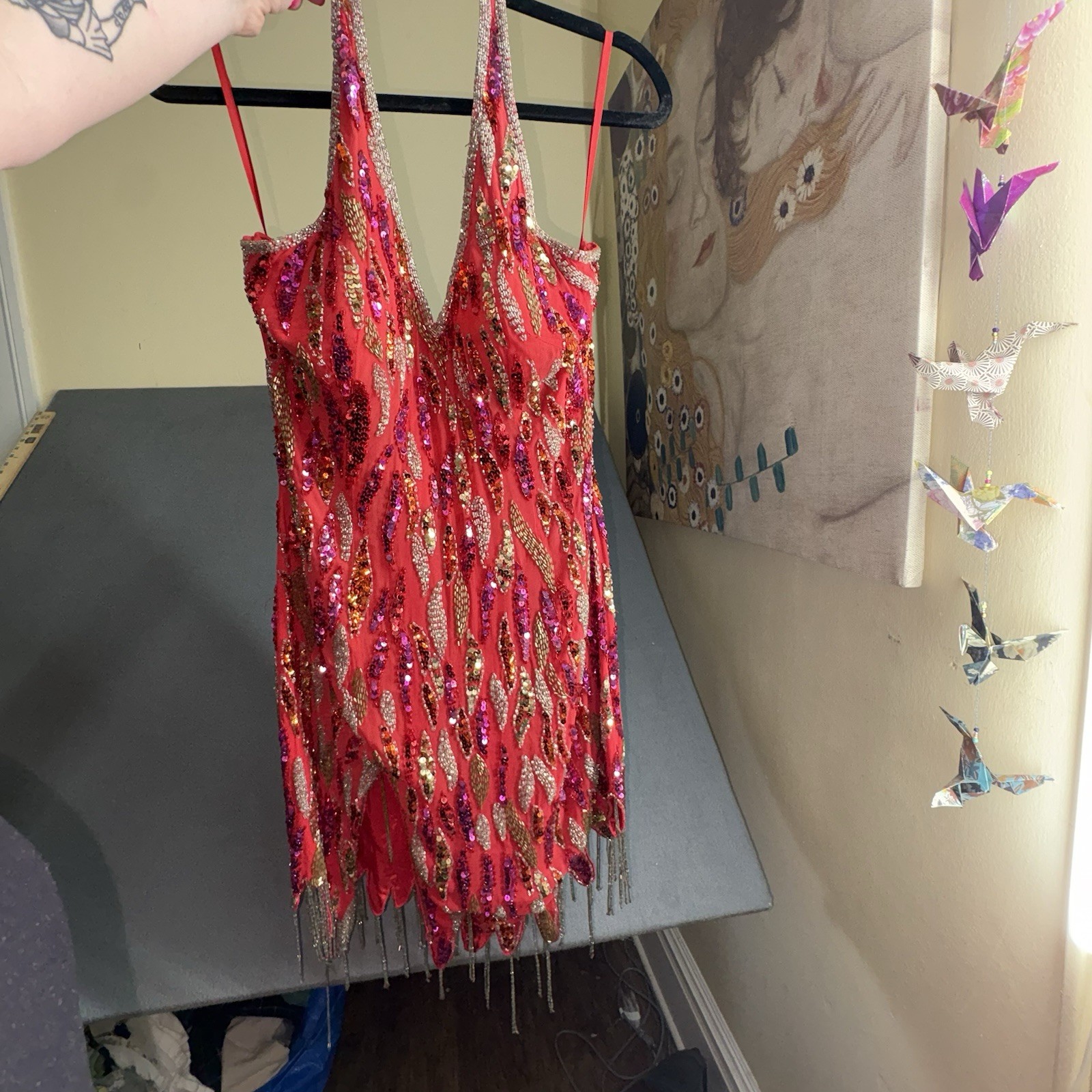 Niteline Red Beaded Sequin Fringe V-Neck Sheath Dress Size 8 Lined
