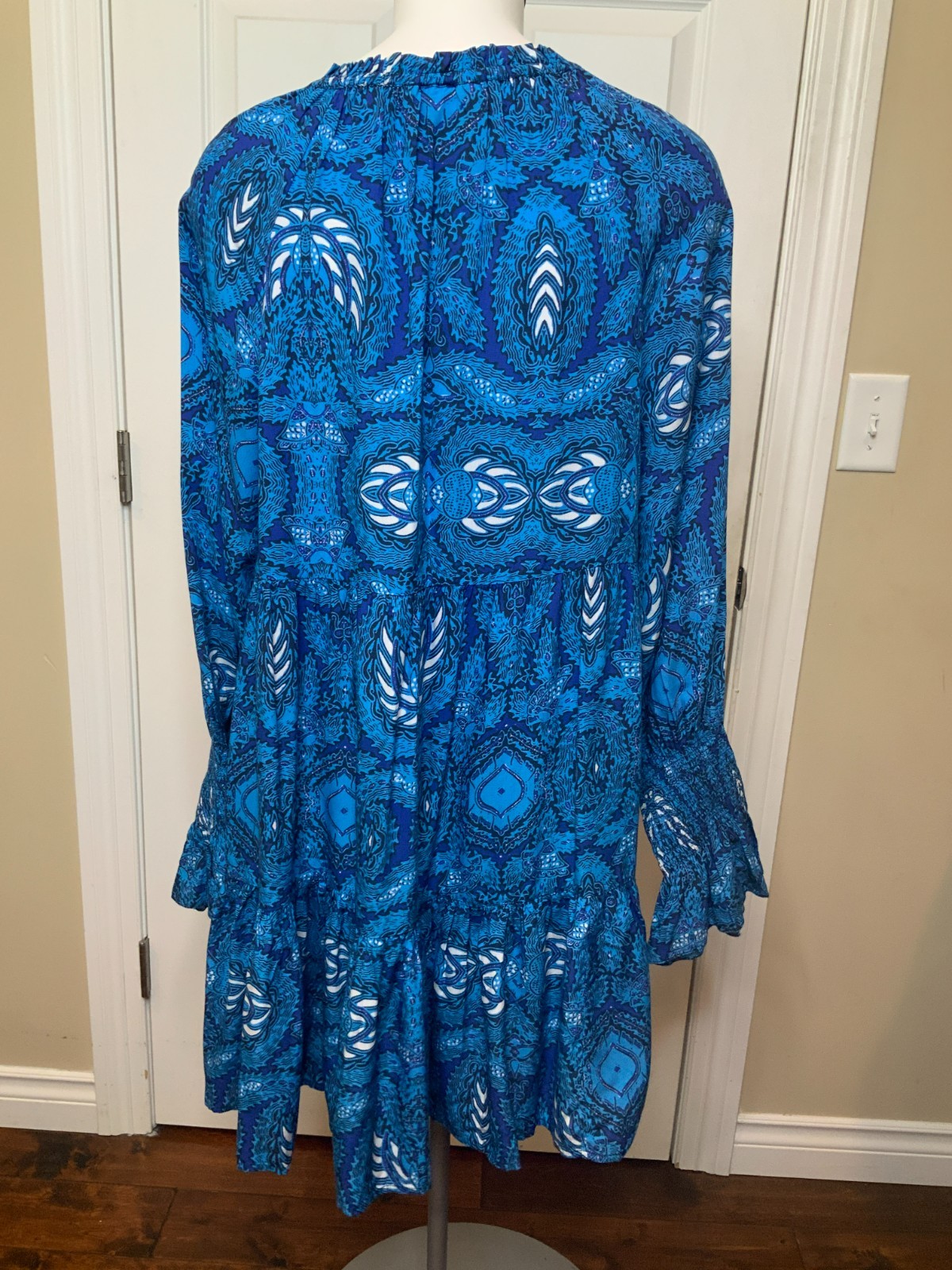 Figue Blue White Batik Print Long Sleeve Flowy Bella Dress, Size Medium