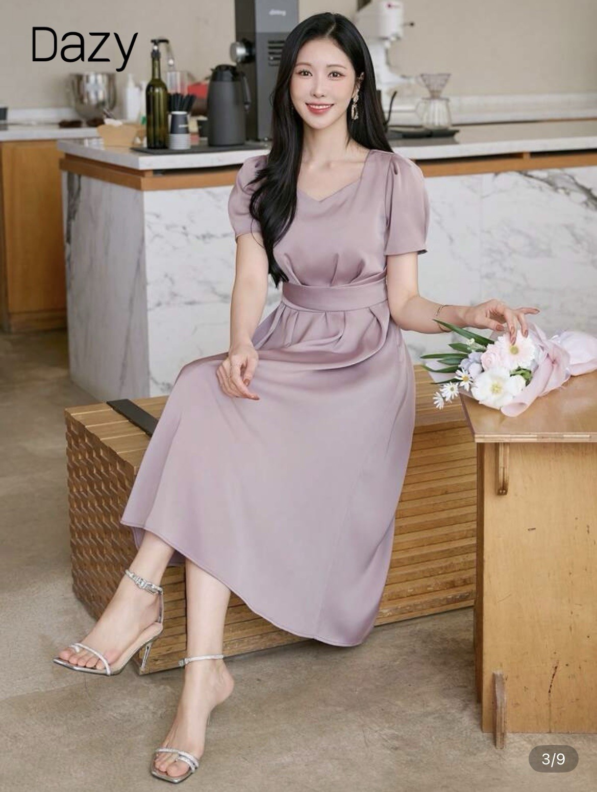 Dazy Women’s Solid Color Square Neck Puff Sleeve Pleated Midi Dress Size Small