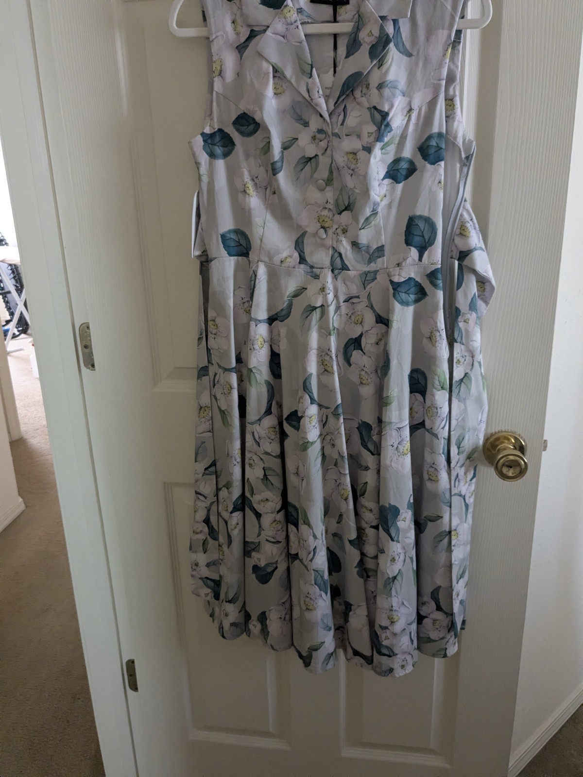 Simply Retro M Blue/White Floral Collared Fit & Flare Belted Dress