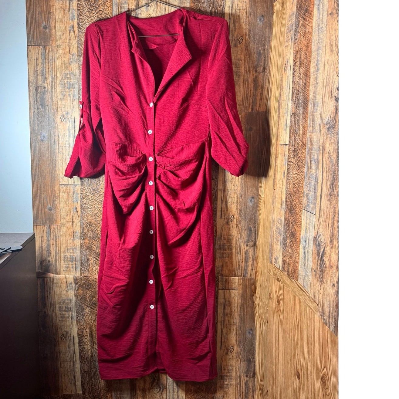 SHEIN Burgundy Button Front Tie Waist Midi Dress | Size S (US 4 / EU 36)