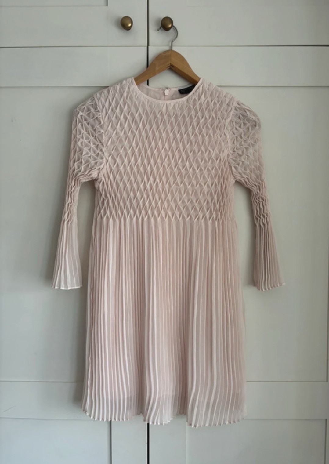 Topshop Textured Smocked Plisse Pleated Bell Sleeve Mini Dress Peach Pink S 10