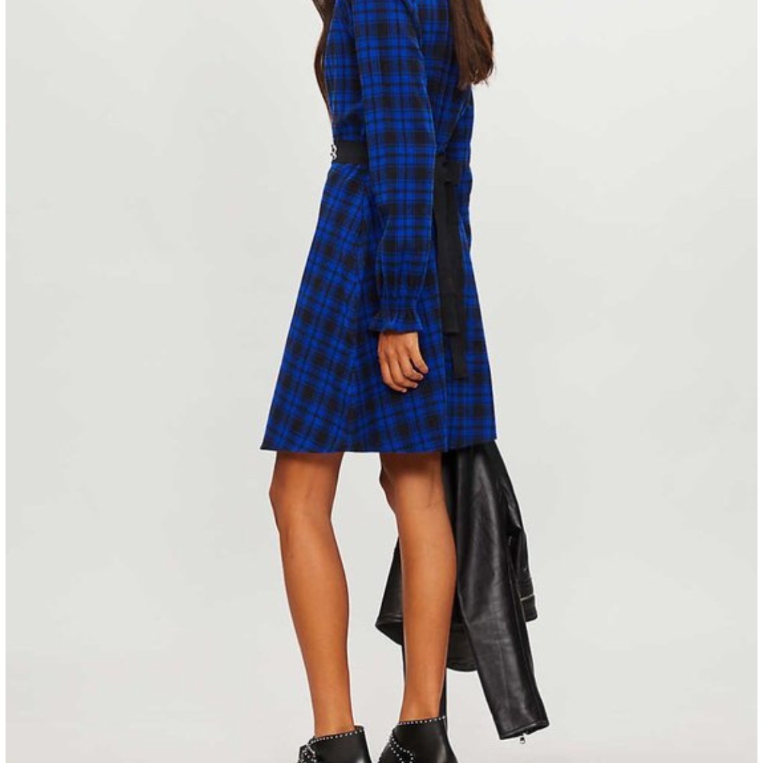 Maje Rivine Plaid A-line Mini Dress Blue Black Check Studded Belt Sz 4 Holiday