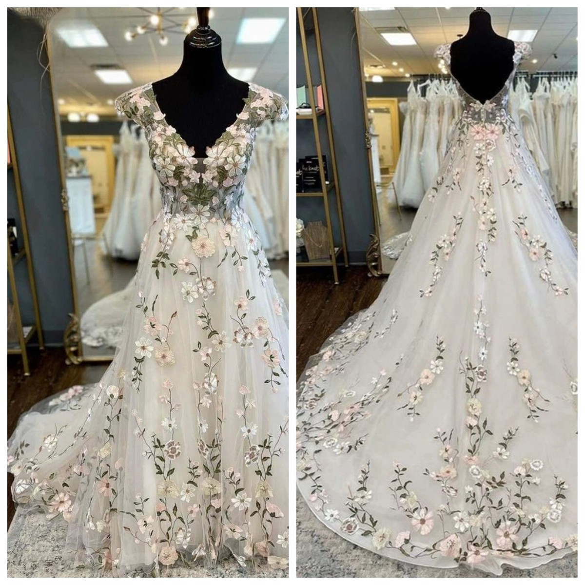 A-Line Wedding Dresses V-Neck Floral Cap Sleeve Appliques Romantic Bridal Gowns