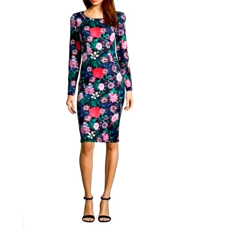 Project Runway Floral Fitted Dress Size Large Long Sleeve Midi BodyCon Colorful