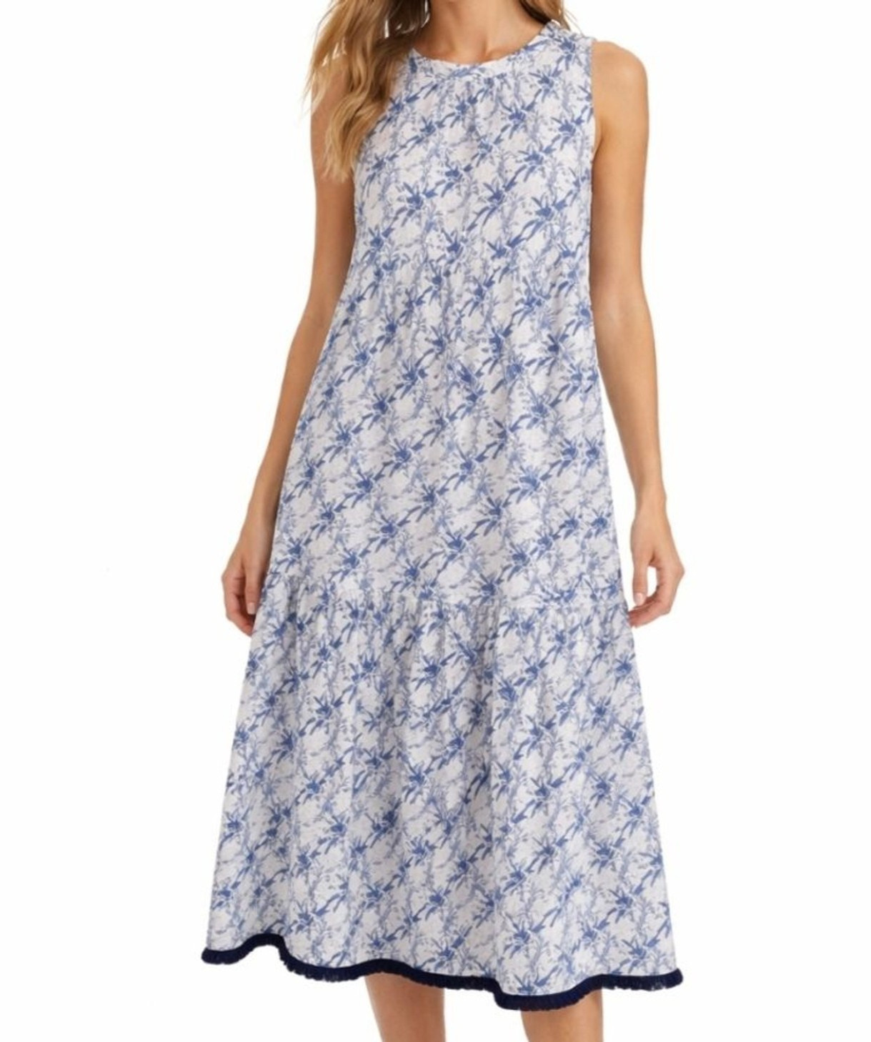 SARA CAMPBELL Size XS Sleeveless Midi Dress A-Line Coastal Floral Tropical Blue