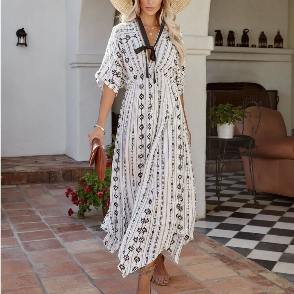 Boho Aztec Print V-Neck Maxi Dress Tie-Front Short Sleeve Women White S-3XL