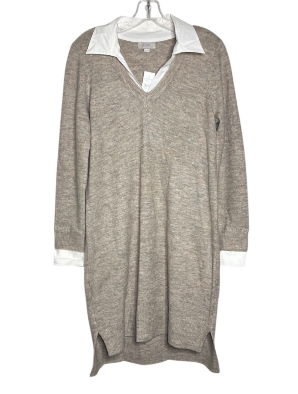 LOFT Outlet Sweater Dress Heather Beige White Collar And Cuffs Womens Size Small