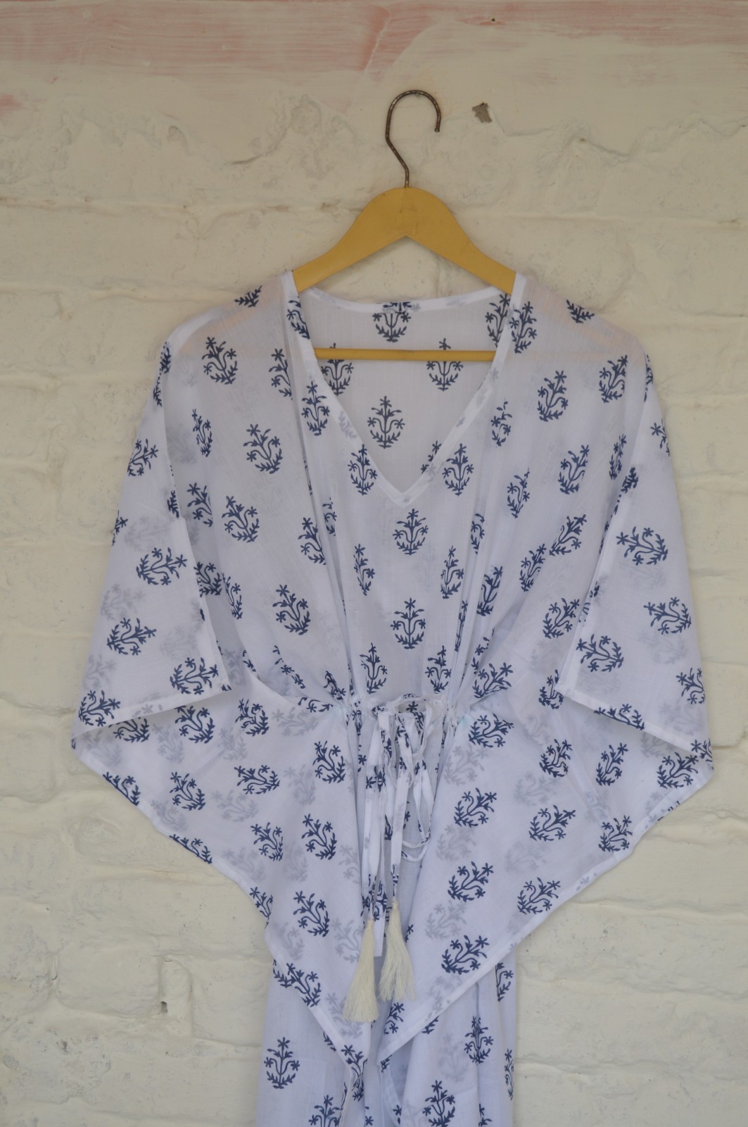 TARRIF FREE✅0%CHARGE Hand Printed Long Kaftan 100%Cotton 52 Inches Dress KF-47