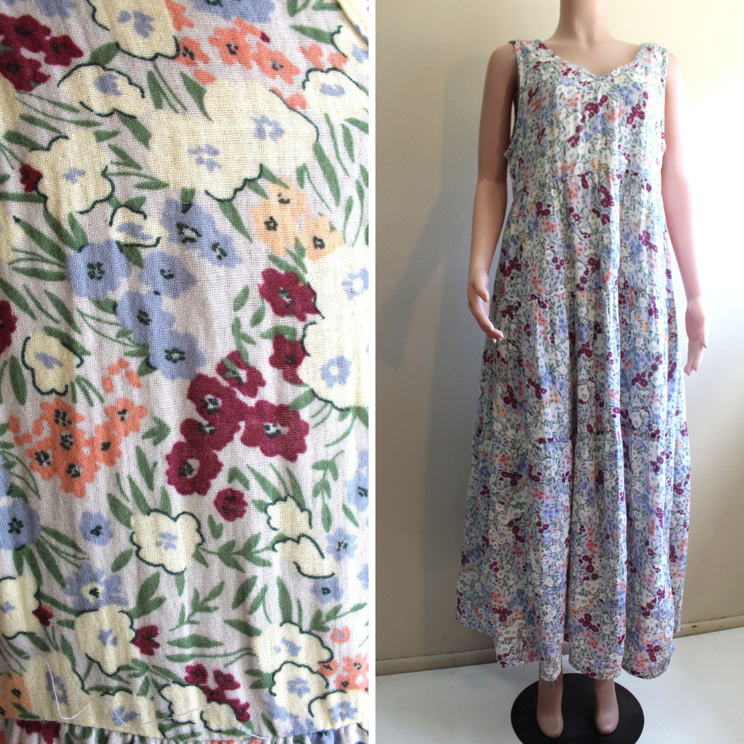 Prairie Maxi Dress DIP 1X Plus Sleeveless Floral Cotton Tier Skirt w Rayon Slip