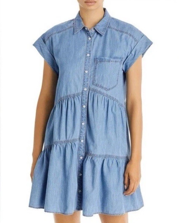Veronica Beard Harrow Shirt Dress Tiered Pearl Snap Button Chambray Sz 8